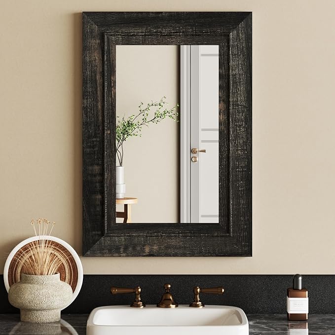 Rustic Wall-Mounted Vanity Mirror, Solid Wood Frame Bathroom Mirror, Farmhouse Style for Living Room, Bedroom, Entryway, Horizontal/Vertical Hanging