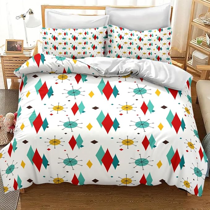 Mid Century Bedding Set,1950s 1960s Vintage Modern Geometric Abstract Atomic Stars Geometric Diamond Pattern Comforter Set with Pillowcase for Bedroom Bed Decor,Queen 90"x90"