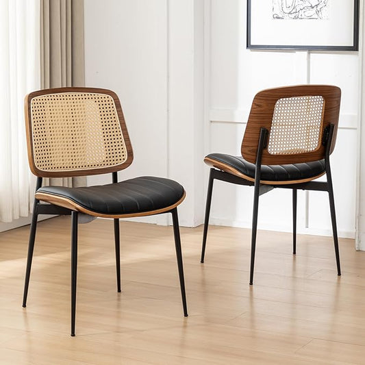 Rattan Dining Room Chairs Set of 2, Mid Century Modern Kitchen Ktichen Chairs,Faux Leather Walnut Wood Finish Side Chair, Metal Legs Desk Chair with Rattan Backrest,Black