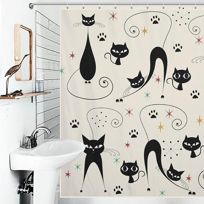Mid Century Modern Shower Curtain,Retro Atomic Cat Star Paw Print Retro Abstract Geometric 1960s Fabric Bathroom Decor Curtains with Hooks 72x72in（183x183cm）