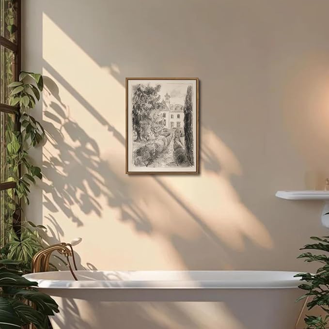 WALLZK Vintage Framed Wall Art French Country Sketch Canvas Prints Neutral Landscape Cottagecore Decor Pictures Artwork for Walls Living Room Bedroom Bathroom 12"x16"