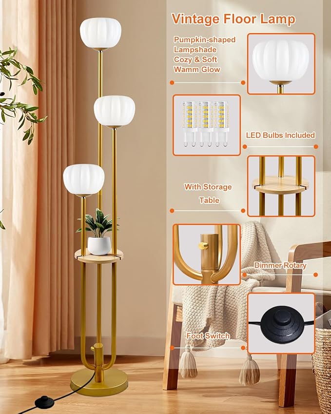 Gold Floor Lamp with Table, Modern Dimmable Floor Lamps with Pumpkin Lampshade, 3000K Soft Warm White Bulbs Included, 3-Light Tall Standing Lamp for Living Room/Bedroom