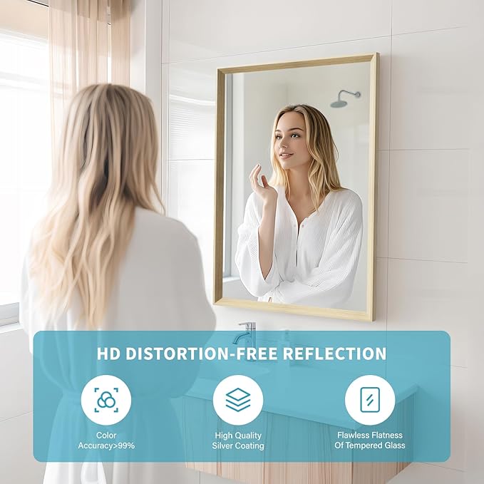 Oak Wood Effect Framed Wall Mirror, 20x30 Rectangle Mirror, Anti-desilvering Tempered Glass, Sustainable& Sturdy Frame, Anti-Rust, HD Reflection &3min Fast Setup for Bathroom Living Room
