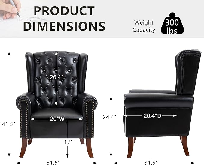 MOJAY PU Leather Accent Chair, Mid-Century Living Room Sofa Chair, Upholstered Arm Chair with Sturdy Wooden Legs, Faux Leather Club Chair for Bedroom Study Home Office Reception (Black)