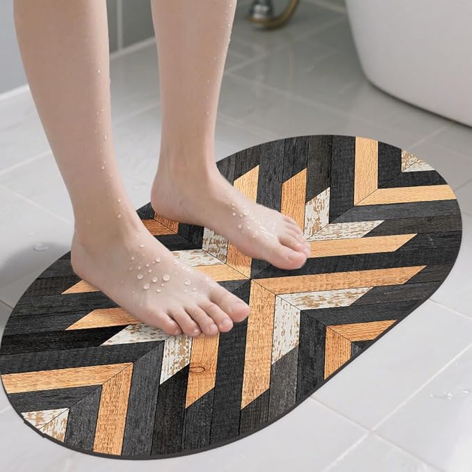 Bathroom Rug Mat Black and Yellow Old Wooden Planks Oval Bath Mat Doormat Absorbent Quick Dry Non Slip Diatom Mud Mat for Shower Tub Sink Laundry Kitchen Doorway 23.6x15.7 Inches