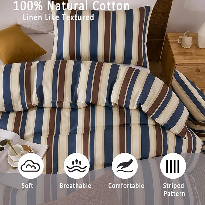 Merryword 100% Cotton Duvet Cover Set King Size - Vintage Blue Cabana Striped Bedding Set with Zipper & Corner Ties, 3-Piece Luxury & Silky Soft Bedding Set for All Seasons