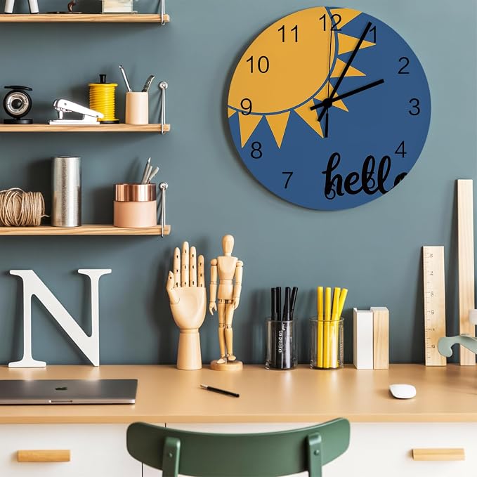 Sunburst Rays Wall Clock Battery Operated Non-Ticking 10" Round Wood Clocks, Mustard Yellow Slate Blue Kitchen Wall Clock for School Bathroom Living Room Home Office Wall Decor