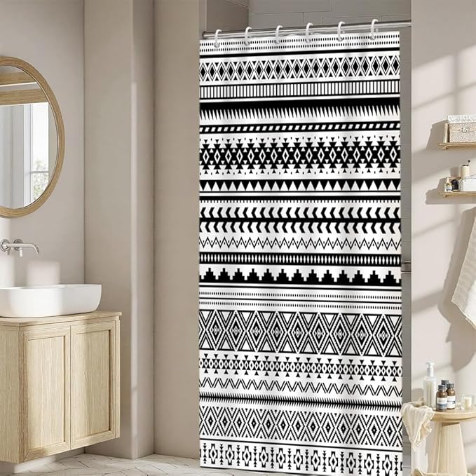 Bohemian Black White Shower Curtain for Bathroom Boho Geometric Shower Curtains Modern Abstract Aesthetic Bathroom Decor Set Washable Waterproof Polyester Fabric with Hooks 48x72 Inch