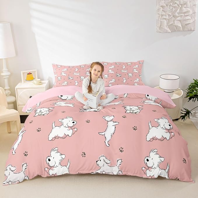 Erosebridal Cute Dog Bedding Set King Cartoon Animals Pastel Pink Duvet Cover Paw Print Comforter Cover for Kids Girls Boys Adults Modern Preppy Aesthetics Bed Set