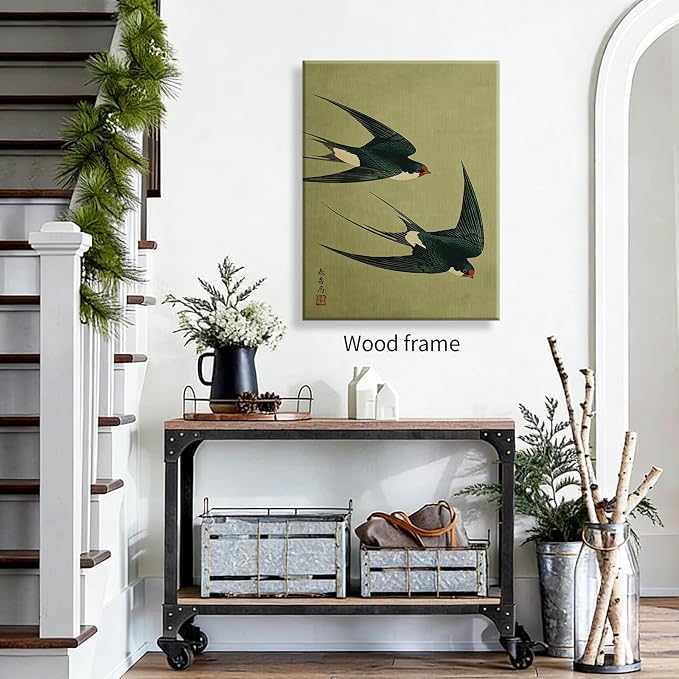 Wrapped Framed Japanese Flying Swallow Wall Art Asian Japandi Bird Animal Poster Nature Vintage Green Canvas Prints for Living Room Bedroom Home Decor 16x20 inch