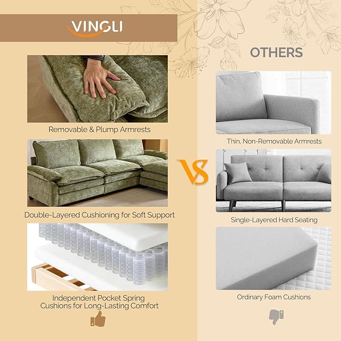 VINGLI 122" Cloud Double-Layer Deep Convertible Sectional Sofa, Comfy L-Shape 3-Seat Couches for Living Room, Modern Couch with Movable Ottoman for Small Space, Olive Green, Chenille