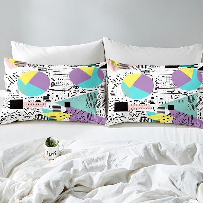 80s 90s Bedding Set Memphis Pattern Old Fashioned Comforter Cover King,Geometric Abstract Colorful Dots Funky Duvet Cover Retro Bed Set,Multicolor Cute Vintage Rainbow 80'S Style 1980S Home Decor