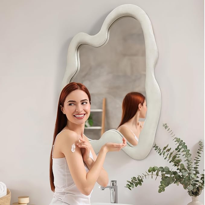 Irregular Wall Mirror Asymmetrical Mirror, White Wavy Mirror with Flannel Frame, Decorative Wall Mirror for Bedroom, Livingroom, Entryway, 28"x 36"