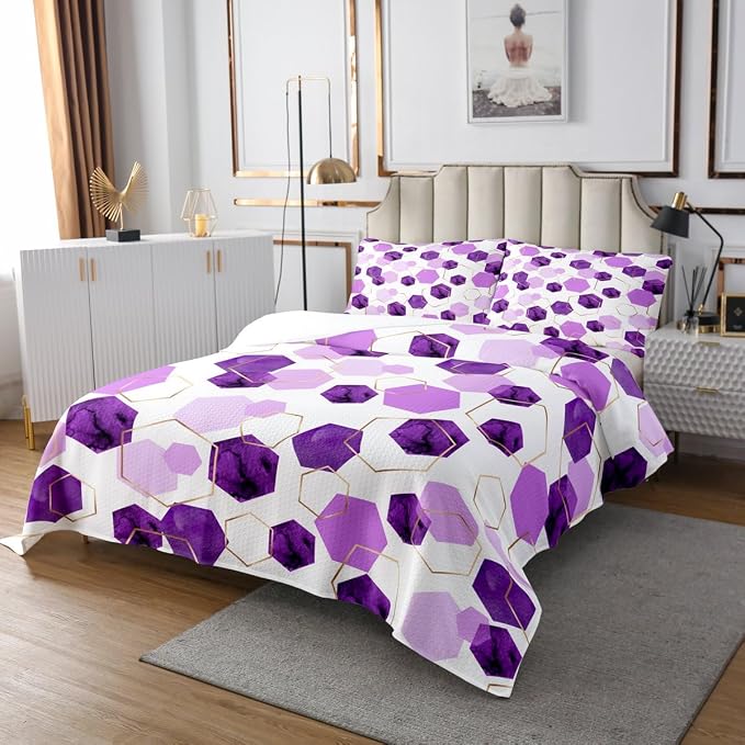 Erosebridal Purple Quilt Set King Size for Boys Girls Geometric Hexagon Coverlet Set Modern Abstract Art Decor Bedspreads Lavender Marbling Striped Bedding Sets, 1 Quilts 2 Pillow Cases