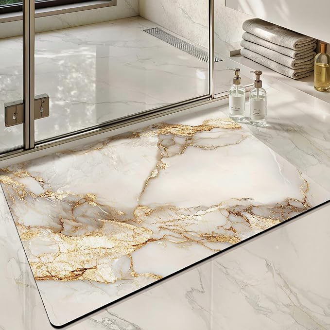 Color&Geometry Ultra Thin Bath Mat,Non Slip Quick Dry Rugs,Absorbent Marble Bathmat,16"x24",Washable Rubber Mat for Shower Floor,in Front of Bathtub,Bathroom Decor,Gold-Veined White Marble-Patterned