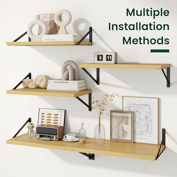Floating Shelves, 12 Inch Deep Rustic Wood Wall Storage, 24W x 12D Wall Shelves Set of 2, Heavy Duty Metal Brackets, Large Industrial Book Shelf for Living Room, Kitchen, Bedroom, Oak