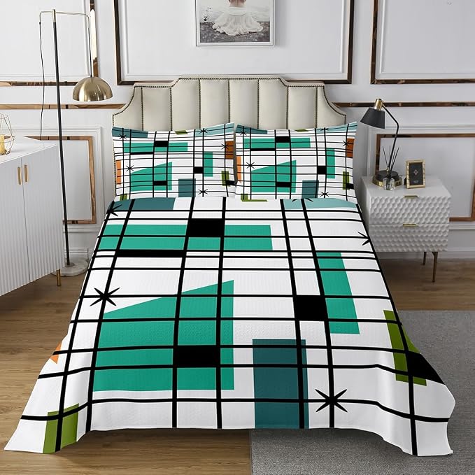 Erosebridal Retro Atomic King Quilt Set White Turqoise Black Coverlet Set, Geometric Lines Stripes Bedding Set Mid Century Minimalist Bedspread Set, Fifties Old Fashion Bed Quilt Microfiber 3pcs