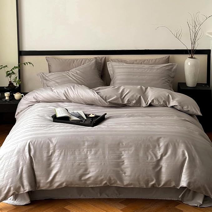 100% Cotton Duvet Cover King Size, Soft Grey Striped Duvet Cover Set for All Season, Luxury Hotel-Style - 1 Duvet Cover 104x90 Inches with Zipper Closure, 2 Pillowcases