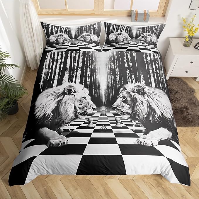 Lion Duvet Cover Set Full Size,International Chess Black White Checkered Geometric Bedding Set,Boys Men Room Decor,Wild Jungle Animals Comforter Cover,Rustic Retro Quilt Cover,2 Pillowcases(No Filler)