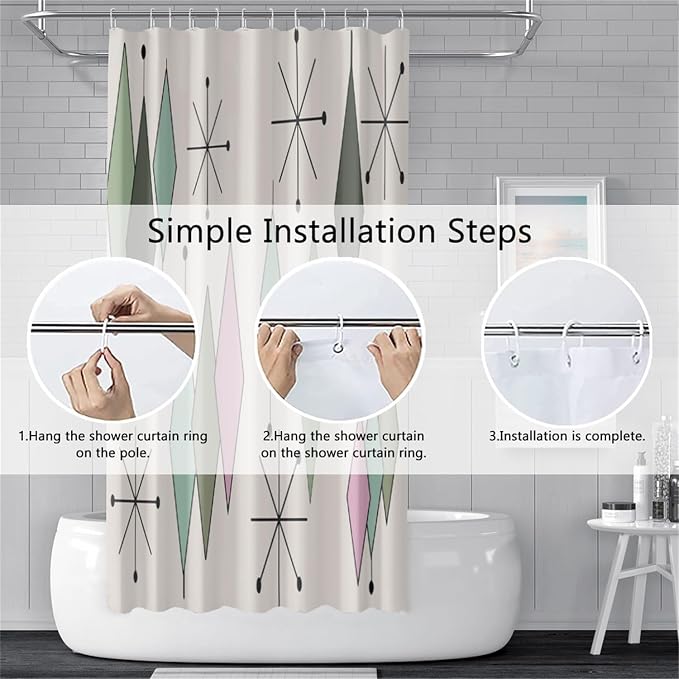 Mid Century Shower Curtain Modern Abstract Green Pink Diamond Geometric Atomic Starburst Pattern for 1950s Retro Bathroom Decor Accessories Shower Curtain Set with 12 Hooks, 48x72 Inches