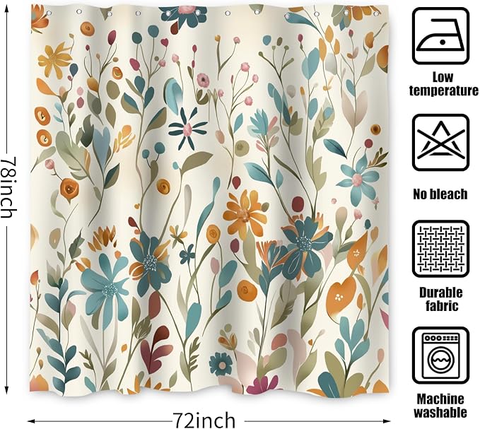 Colorful Floral Extra Long Shower Curtain, Wildflower Plant Leaves Cute Flower Spring Herbs Waterproof Fabric Machine Washable for Bathroom Bathtub Decor with Hooks 72Wx78H