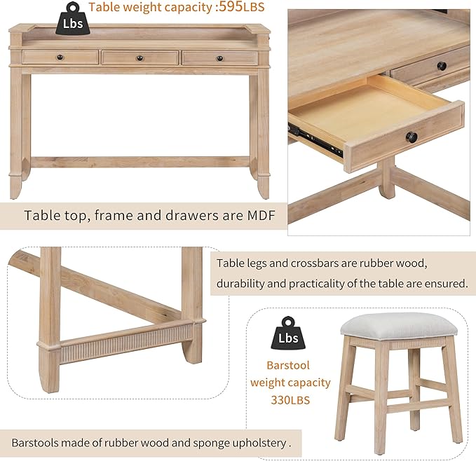 VilroCaz 4-Piece Counter Height Extra Long Dining Table Set with 3 Drawers and Upholstered Stools, Rubber Wood Dining Table Set Home Bar Table Set with Footrest and USB Port (Natural-B1)