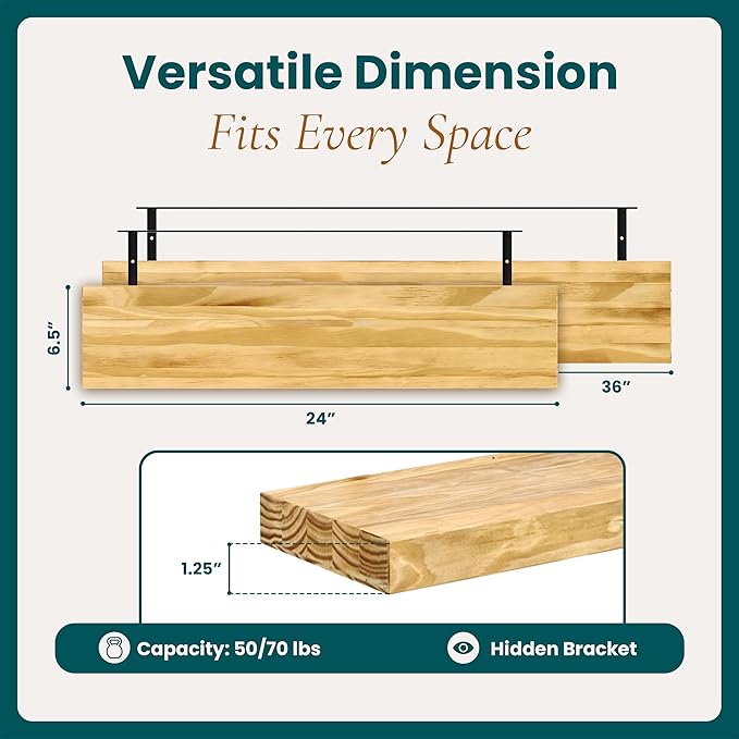 36'' Pine Wood Floating Shelves for Wall- Set of 2 - Rustic Wall Mounted Wooden Shelf for Stylish Home Décor (Natural, 36x6.5x1.25) - 2pcs