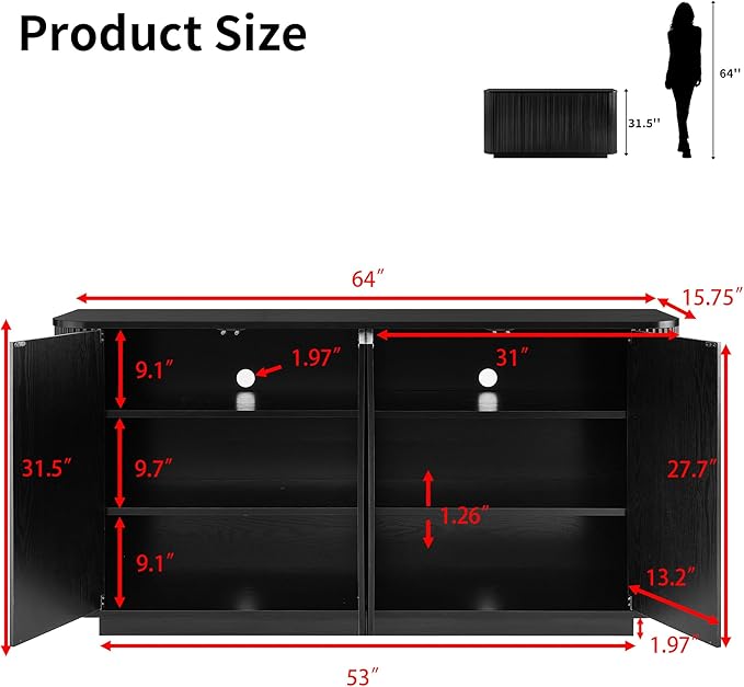 LKTART 64" Buffet Cabinet with Storage, Modern Fluted Accent Sideboard Media Console Credenza with Adjustable Shelves Pressed Spring for Kitchen Living Room,31.5" H (Black)