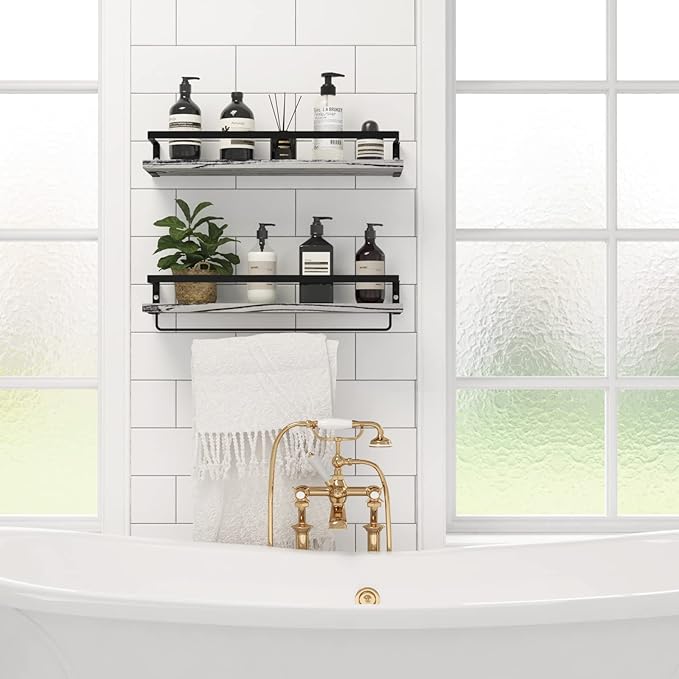 Floating Shelves for Wall, Bathroom Shelves with Towel Bar, Wall Mounted Storage Shelves for Kitchen, Bathroom, Set of 2 Grey