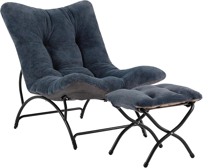 Tiita Accent Lazy Chair with Ottoman, Comfy Lounge Chair with Metal Frame and Plush Fabric, Thick Cushion Seated Cozy Recliner Chair for Reading Room, Living Room, Bedroom, Office, Dark Gray