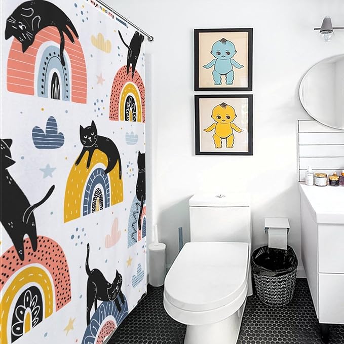 Boho Cats Shower Curtain Colorful Rainbow Black Cats Fantasy Pattern Duty Fabric Shower Curtains Set Bathroom Polyester Waterproof with 12 Hooks, 55x72Inch（140x183cm）
