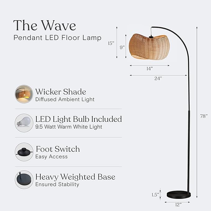 Brightech Wave Arc Floor Lamp - Chic Standing Lamp with Unique Hanging Wicker Pendant Shade for Living Room, Boho Rattan Natural Decor Lamp, Arcs Over Sofa, Bedroom & Office Desk for Reading - Black