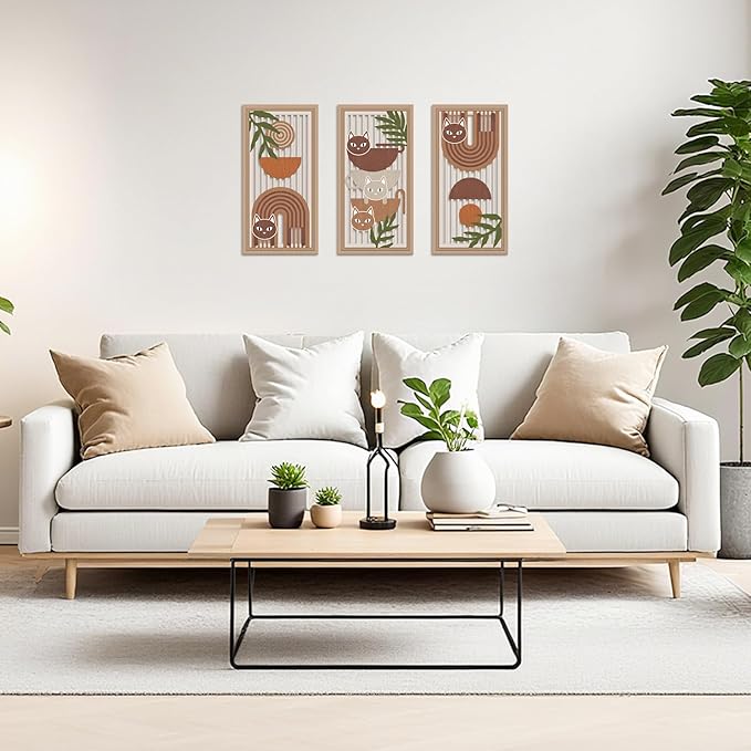 IARTTOP 3 Pcs Boho Cat Wood Wall Decor Mid Century Abstract Artwork Modern Minimalist Wooden Wall Art Bohemian Geometric Hanging Decor for Farmhouse Living Room Bedroom 7.9 x15.8 Inch Cat Gifts