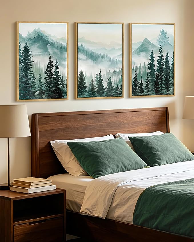 KUVIOKE Fog Pine Tree Mountain Landscape Framed Wall Art Watercolor Nature Misty Forest Painting Vintage Farmhouse Rustic Wall Decor for Bedroom Hallway 24x36in (Natural Framed)