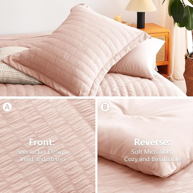 CozyLux Queen Comforter Set Blush Pink, 7 Pieces Seersucker Textured Luxury Bed in a Bag Queen, All Seasons Soft Bedding Sets with Down Alternative Comforter, Sheets, Pillowcases & Shams, Home Gift