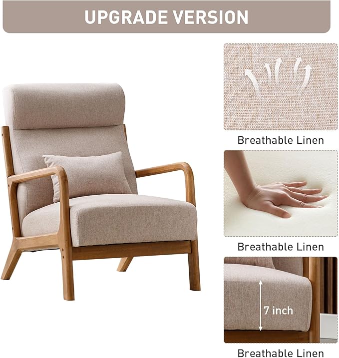 ANJ Mid Century High Back Accent Chairs Set of 2, Single Lounge Armchair with Solid Wood Frame, Comfy Reading Chair for Living Room, Easy Assembly