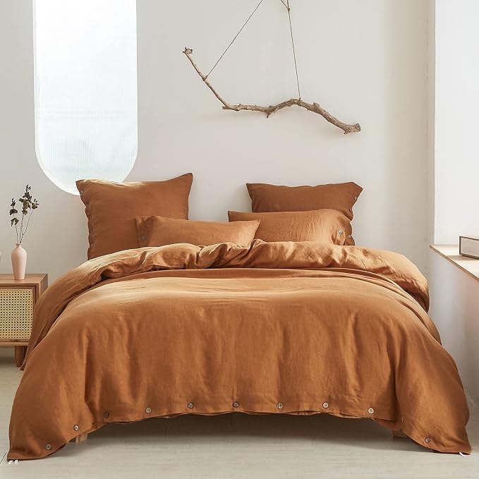 Simple&Opulence 100% Linen Duvet Cover Set 2pcs with Coconut Button Closure Natural French Washed Flax Solid Color Soft Breathable Farmhouse Bedding - Rust, Twin Size