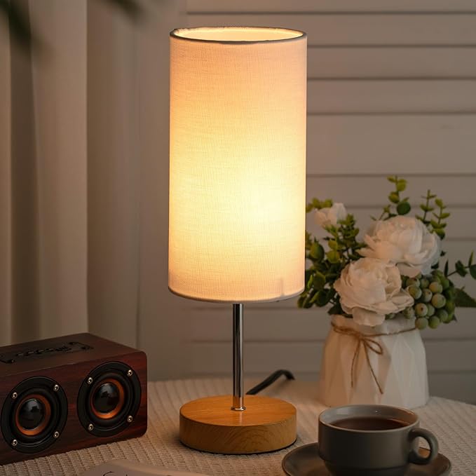 Small Table Lamp for Night Stands, Round White Fabric Shade and Wood Base, Modern Minimalist Bedside Lamps for Bedroom Dresser, Living Room, Dffice Desk, College Rorm, Warm Light, 5W LED Bulb Included