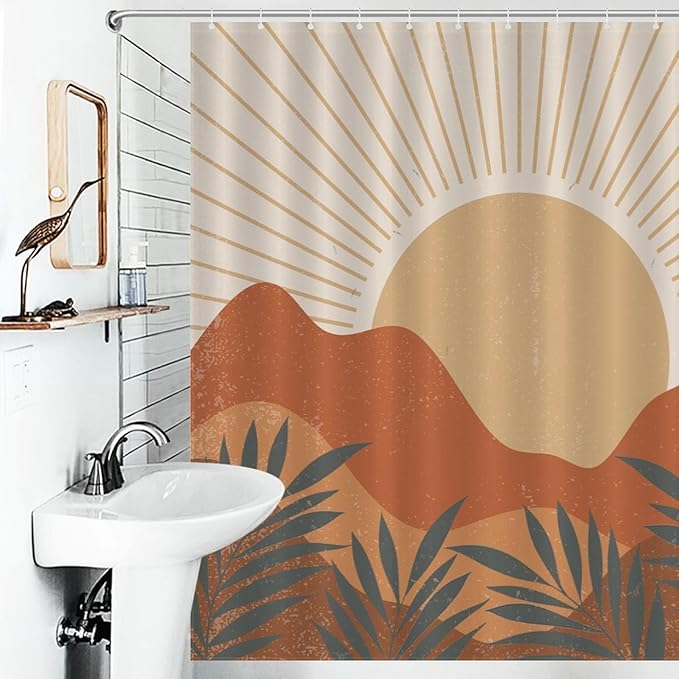 Mid Century Boho Sunset Shower Curtains Vintage Farmhouse Abstract Plant Mountain Sunset Washable Waterproof Fabric for Bathroom Decor Bathtub with 12 Hooks 66x72in（168x183cm）