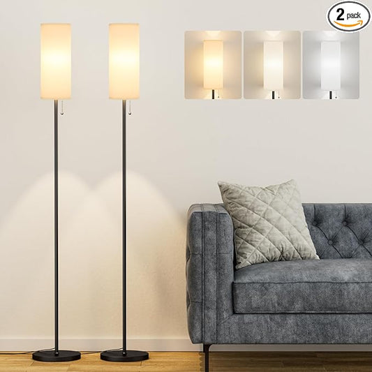 Ambimall Floor Lamp with 3 Color Temperatures Bulb Set of 2, 64" Standing lamp with Linen lampshade for Bedroom, Minimalist Pole Lamp, White Shade & Black Pole