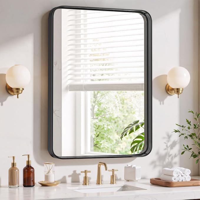Bathroom Mirror 36x24 Inch Black Metal Frame Rectangle Vanity Mirror with Rounded Corners, Modern Wall Mounted Anti-Rust Mirror for Farmhouse, Restroom, Entryway, Horizontal or Vertical Hanging