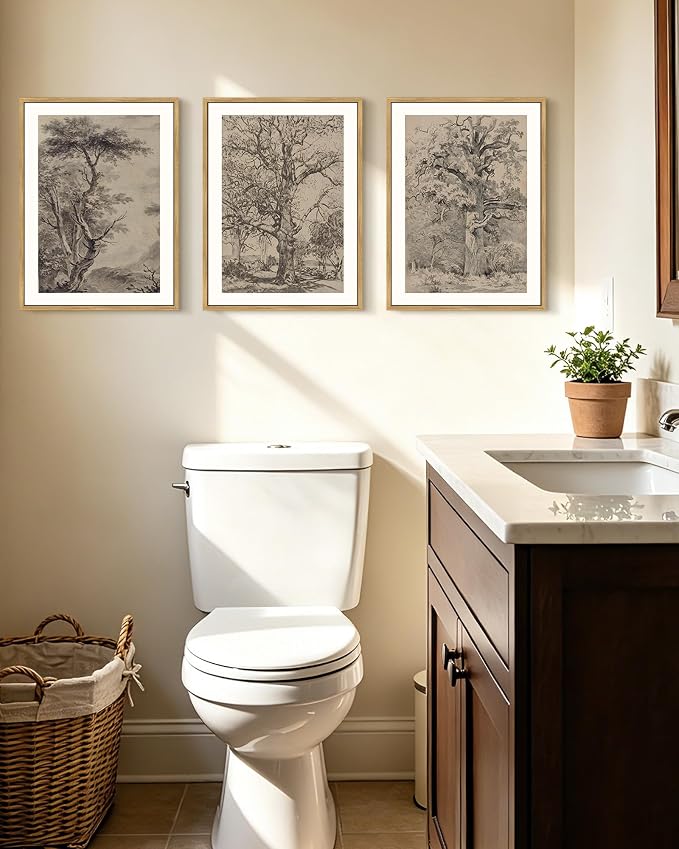 KUVIOKE Vintage Tree Framed Wall Art Retro Antique Forest Drawings Nature Wilderness Sketch Wall Painting Modern Decor 12x16in (Natural Framed)