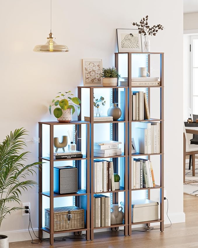 Open Book Shelf with LED Lights, 5 Tier Tall Bookshelf, Freestanding Shelf Narrow Bookcase with Open Shelves, 14.96" x 10.63" x 53.54", Book Shelves for Living Room, Office, Study, Walnut
