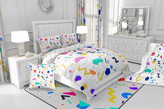 80s Bedding Set Memphis Pattern Old Fashion Comforter Cover,Vintage 90s Memphis Style Duvet Cover Abstract Geometric Pattern Retro Bed Set Full,Rainbow Urban Modern Circles Triangle Room Decor