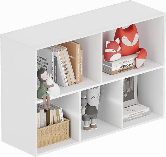 Book Shelf, Wooden Cube Storage Organizer with 11" Open Cubes, Stackable Modular Bookcase for Room Divider Storage, 2 Tier Bookshelf for Living Room, Bedroom, Office (White, 5-Cube)