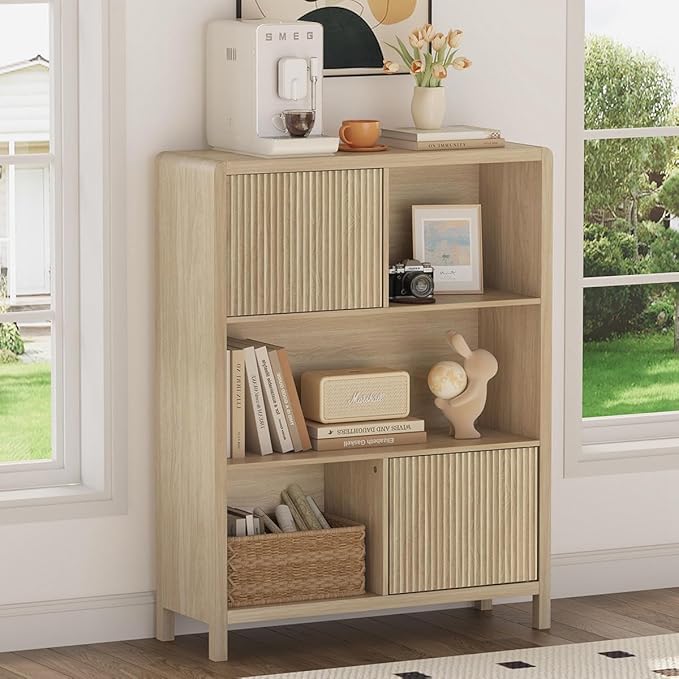 FATORRI Cube Bookshelf with 2 Doors, Wood Bookcase with Storage, Modern 5 Cubby Book Shelf for Home Office Living Room (Light Walnut)