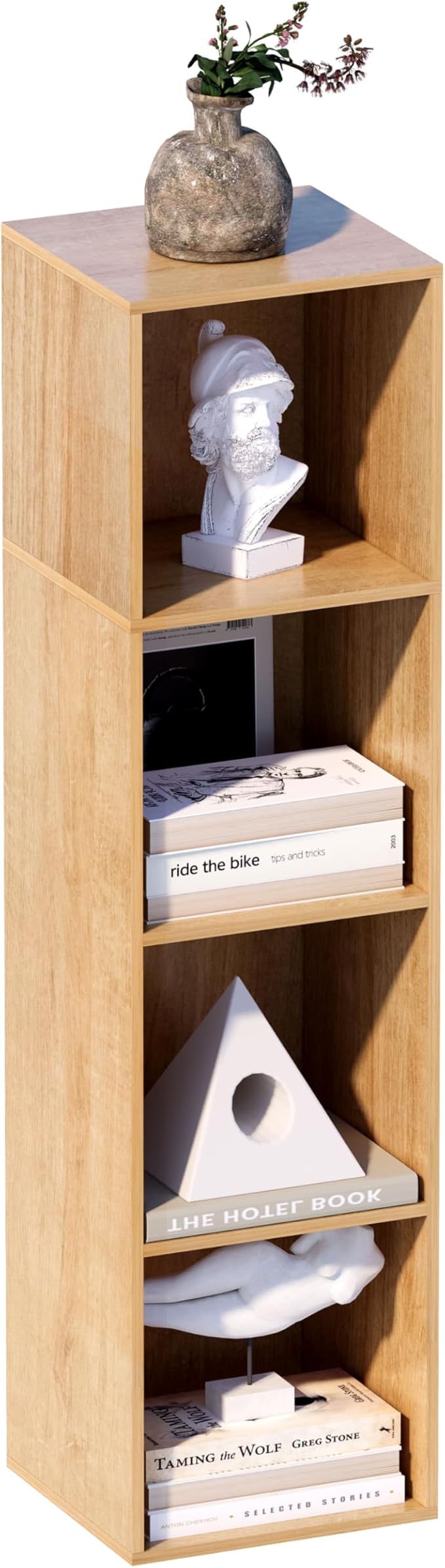 4 Cube Storage Organizer, 4 Tier Cube Low Bookcase Freestanding Storage Display Organizer, Four-Cubes Open Shelf Bookshelf for Home Office (Oak, 4-Cube)