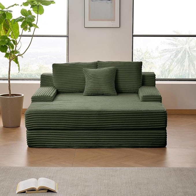 59 Inch Boneless Chaise Lounge Chair Indoor - Oversized Corduroy Upholstered Sleeper Sofa Bed Reading Chair, Cozy Cloud-like Boneless Loveseat Couch for Living Room, No Assembly Required,Green