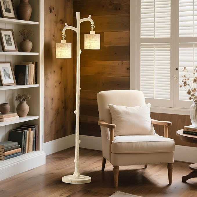 Floor Lamp for Living Room - 69" Rustic Farmhouse Tree Trunk Tall Lamp - Country Resin Vintage Reading Light with Linen Shade Standing Lamps for Bedroom Office Classroom Home Decor (Almond White)