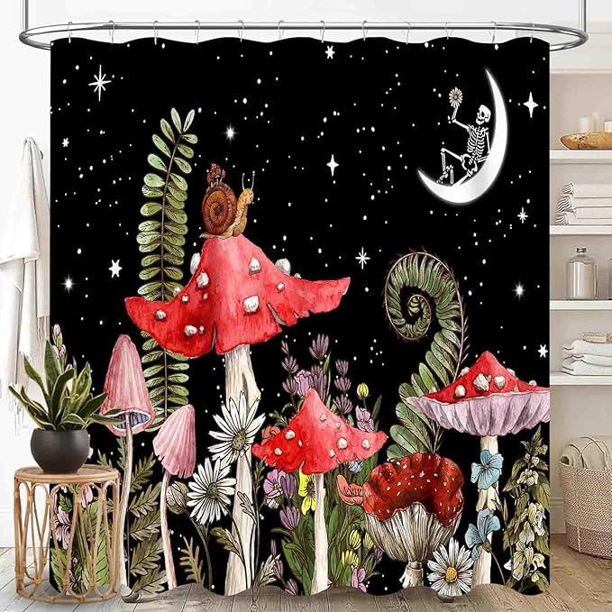 Mushroom Shower Curtain, Wild Floral Botanical Mushroom Moon Gothic Cottagecore Nature Plants Herbs Black Vintage Rustic Waterproof Fabric Bathroom Shower Curtain Set with Hooks, 72"x78" Inch